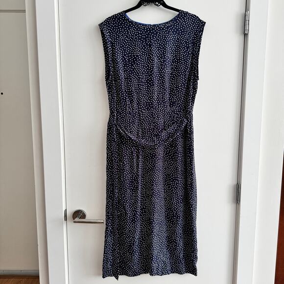 Boden Camille Polka Dot Midi Dress Navy Blue Tie Waist Slit Back Zip Sz 12 - Picture 7 of 14